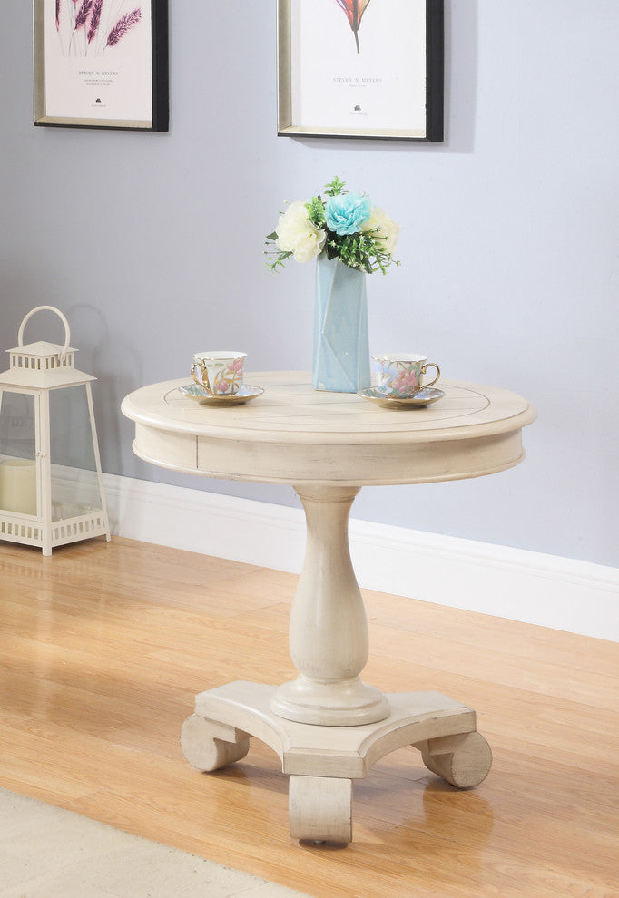 Transitional Antique Living Room Round End Table, Antique Beige
