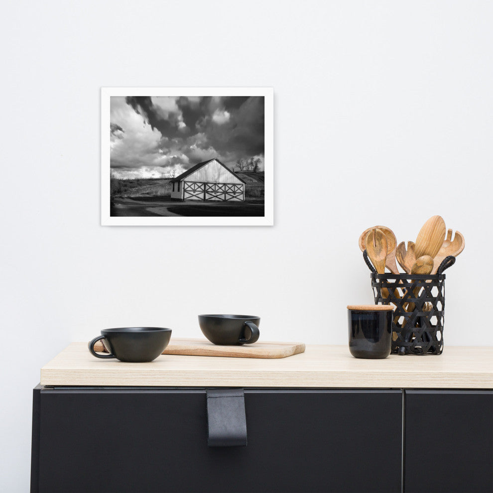 Aging Barn Morning Sun in Black and White Framed Photo Paper Wall Art Prints, White, 11" X 14"