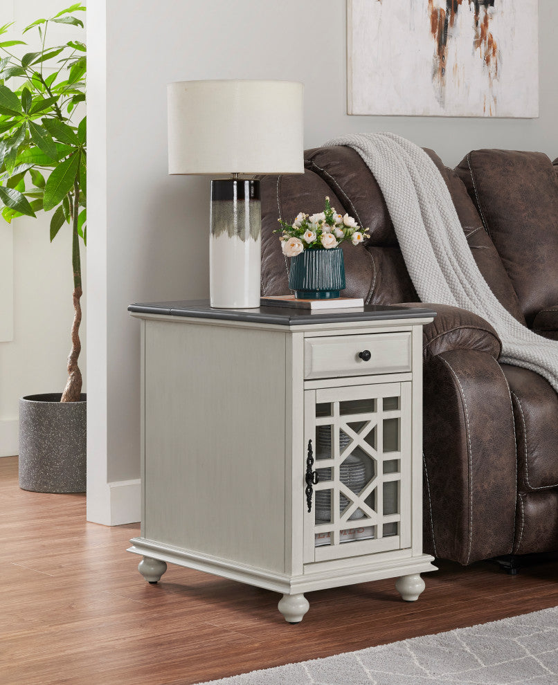 Elegant Chairside Table with Charging Station, White With Grey Top