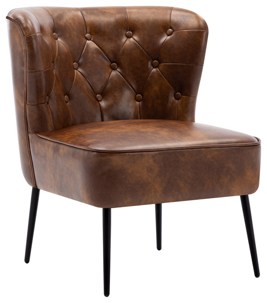 Vintage Button Tufted Faux Leather Slipper Chair, Yellowish-Brown