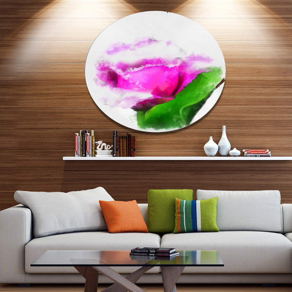 Pink Rose Watercolor With Leaves, Floral Disc Metal Artwork, 23"