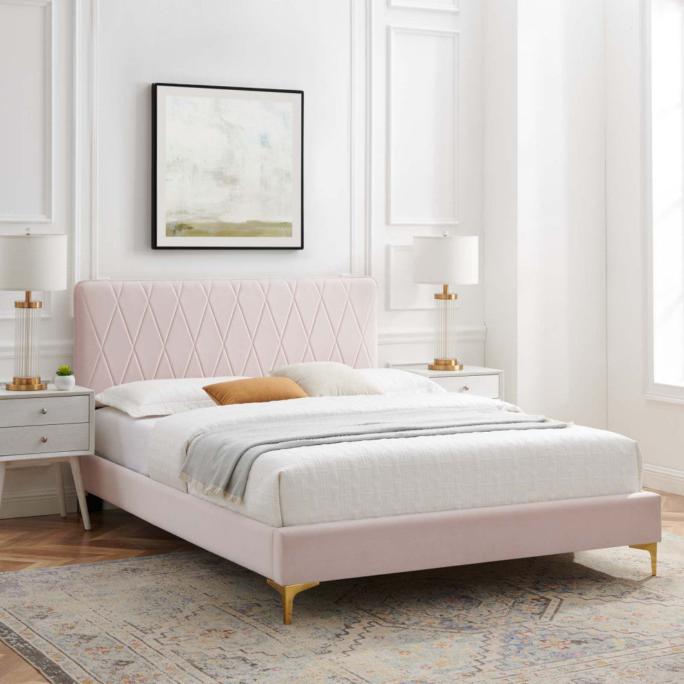 Platform Bed Frame, King Size, Velvet, Pink, Modern Contemporary, Bedroom Master