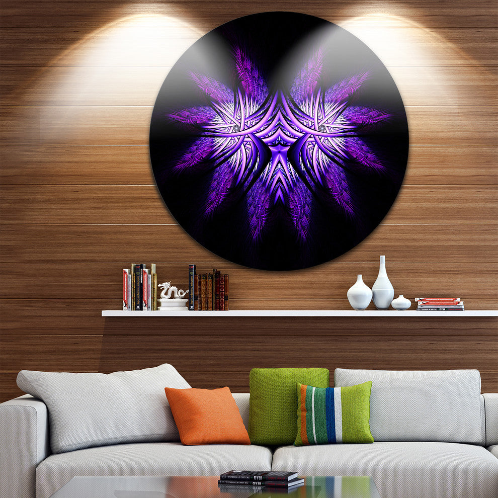 Bright Purple In Black Fractal Flower, Abstract Disc Metal Artwork, 23"