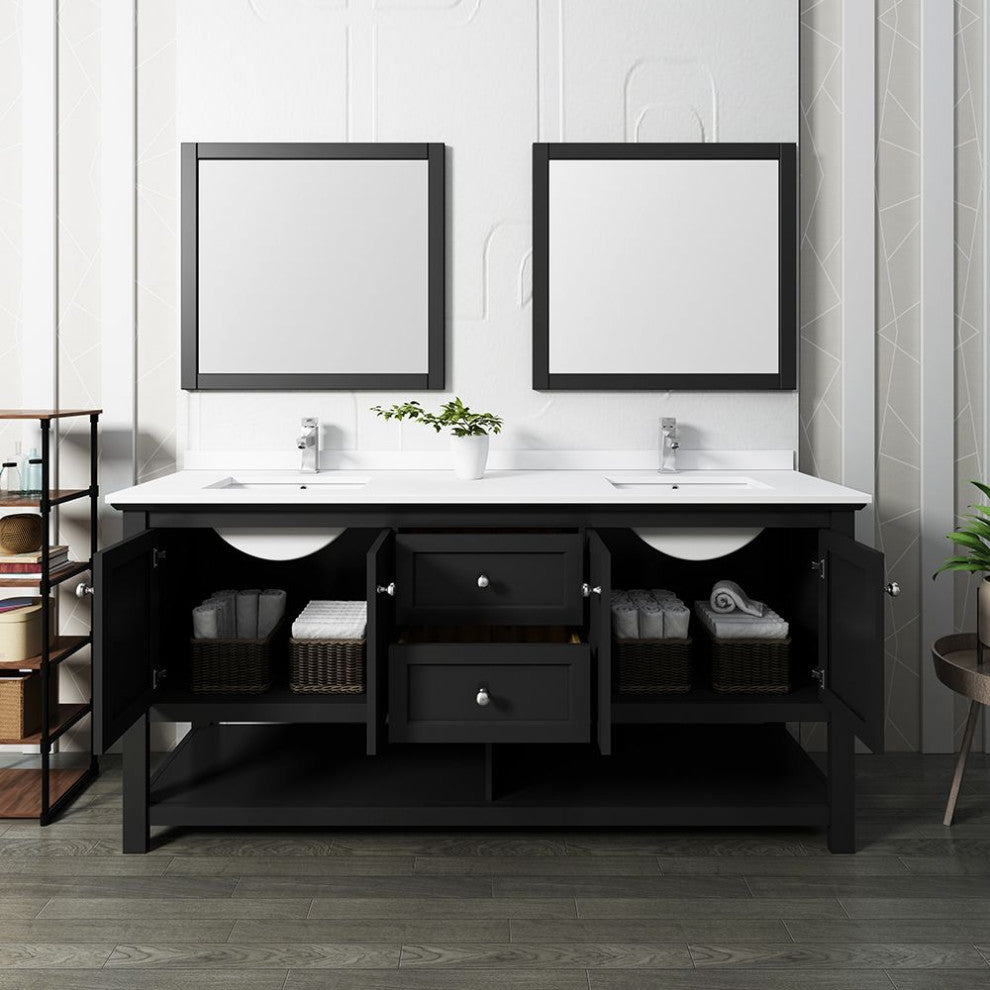 Manchester 72" Black Double Sink Bathroom Vanity Set, Faucet-Fft9131ch