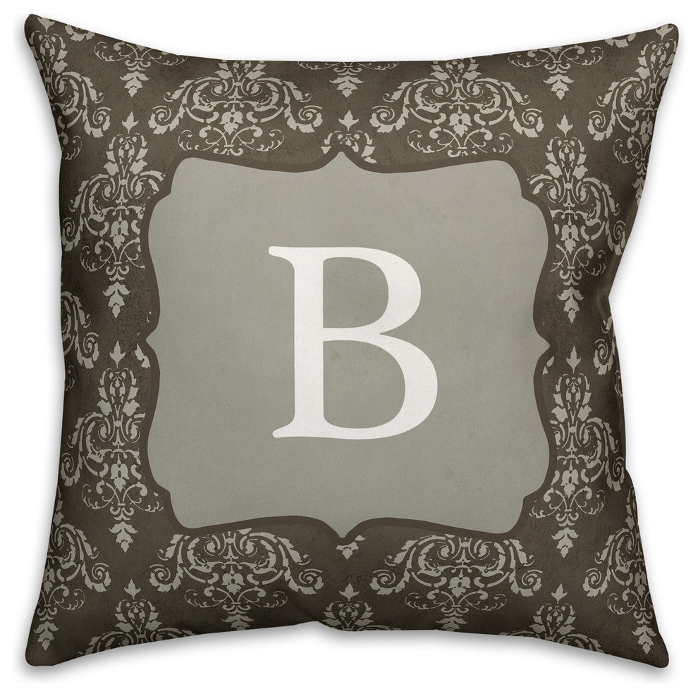B Dark Gray Damask Monogram Spun Poly Pillow, 18x18