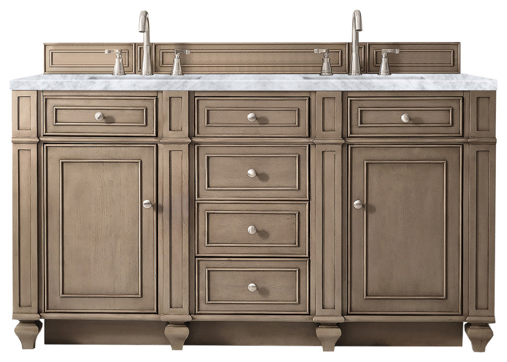 Bristol 60" Double Vanity Whitewashed Walnut, Carrara Marble