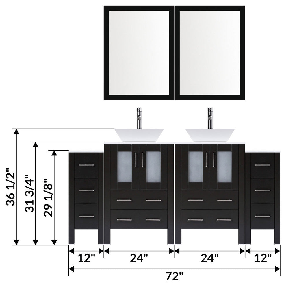 Modern Vanity Set With Two Sink Bases With Mirrors and Two Drawer Bases, Espress