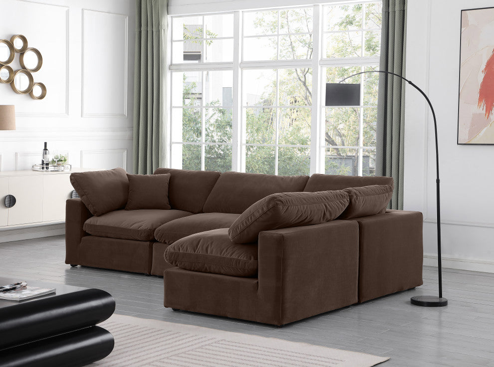 Comfy Upholstered L-Shaped Modular Sectional, Brown, 4-Piece: 2 Armless Chair, 2 Corner Chair, Velvet