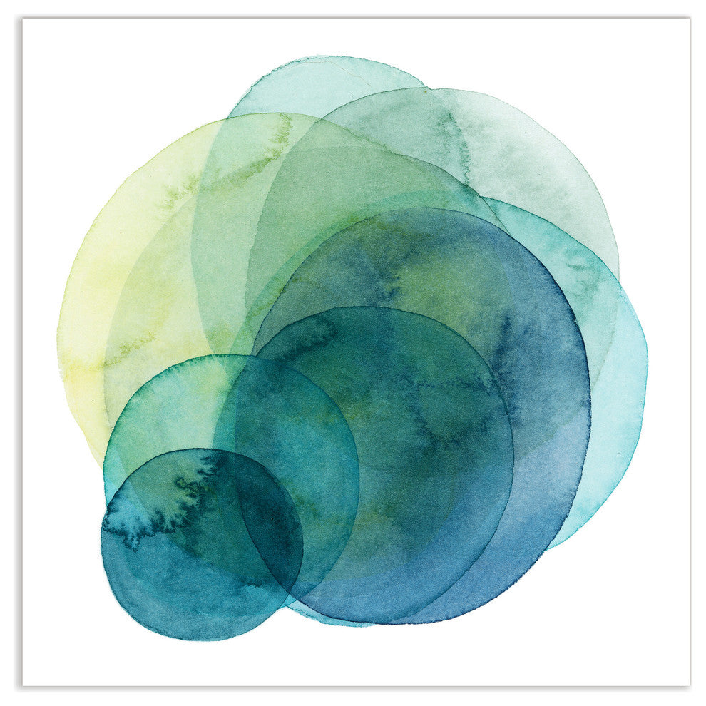 "Evolving Planets" Abstract Blue Wall Art Unframed Free Floating Tempered Glass