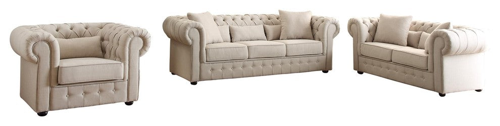 3-Piece Scotlynn Button Tufted Set Sofa, Love Seat and Chair, Natural Fabric
