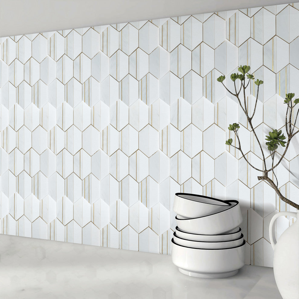 8-Pieces of 4" Hexagon Mix Marble And Metal Mosaic Tile