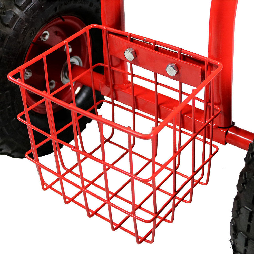 Sunnydaze Garden Cart With Extendable Steering Handle, Seat and Basket, Red