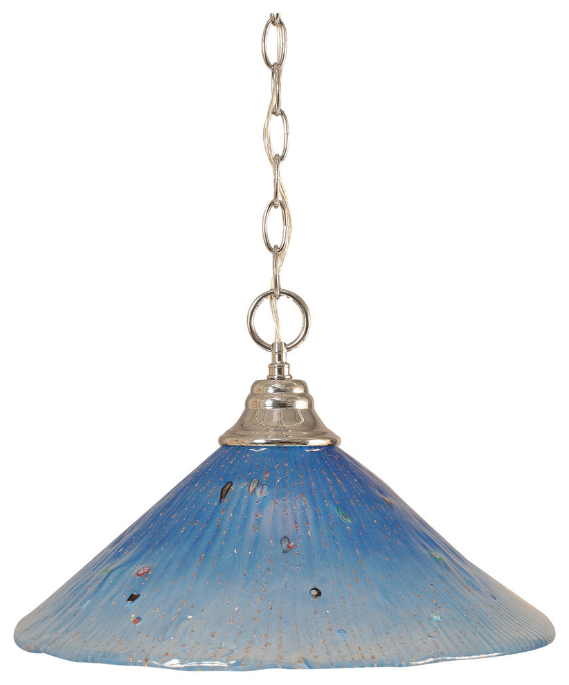 Chain Hung Pendant In Chrome, 16" Teal Crystal Glass