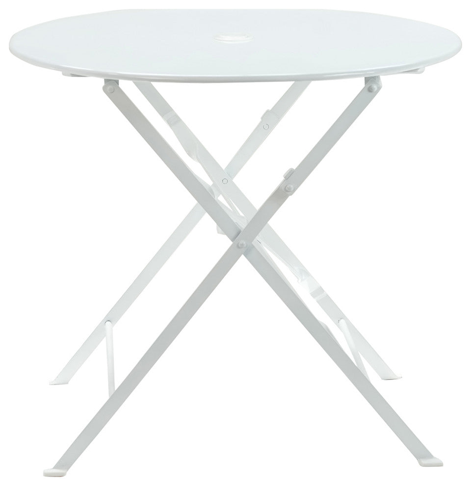 30" Round Folding Metal Bistro Table With Umbrella Hole, White