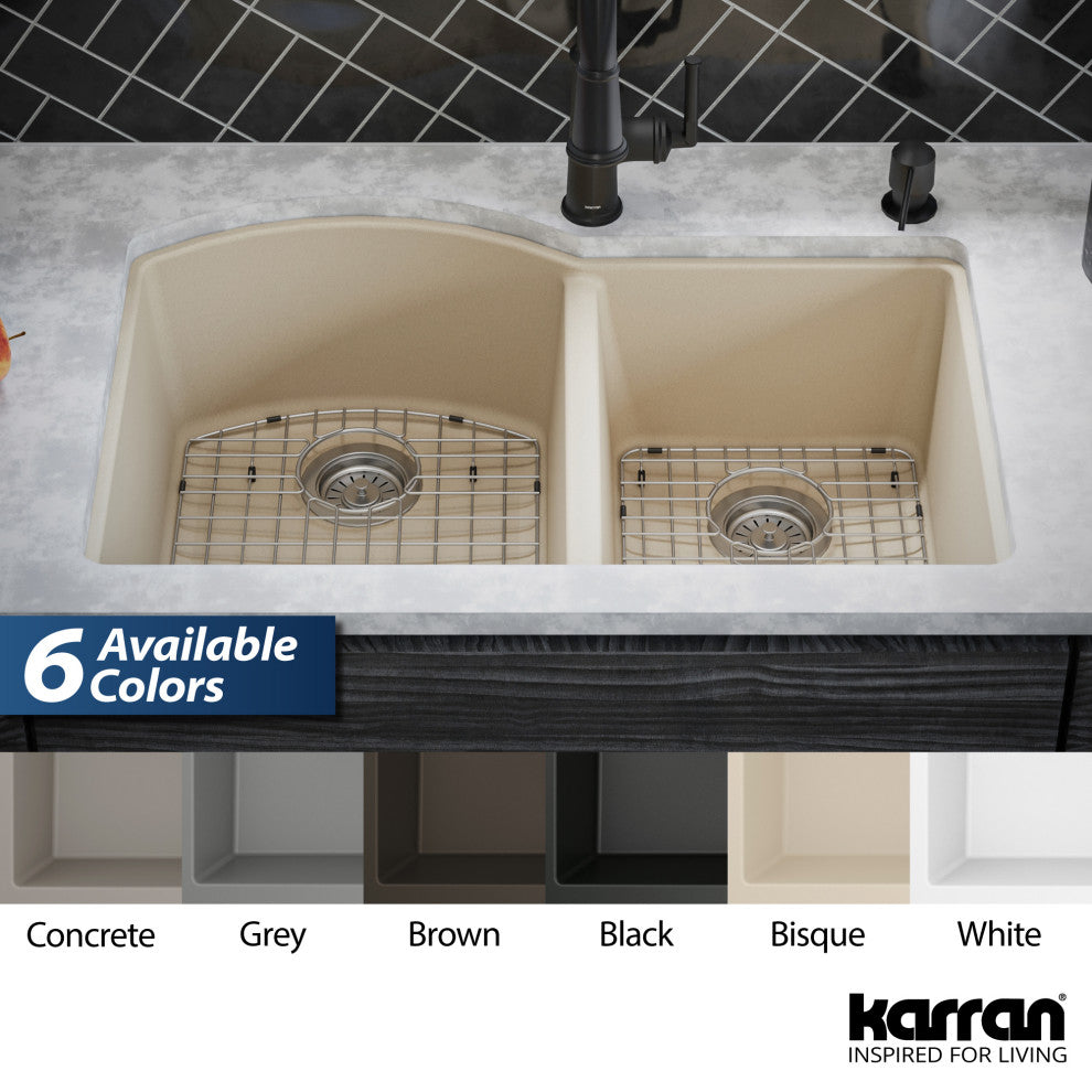Karran Undermount Quartz 32" 60/40 Double Bowl Kitchen Sink Kit, Bisque