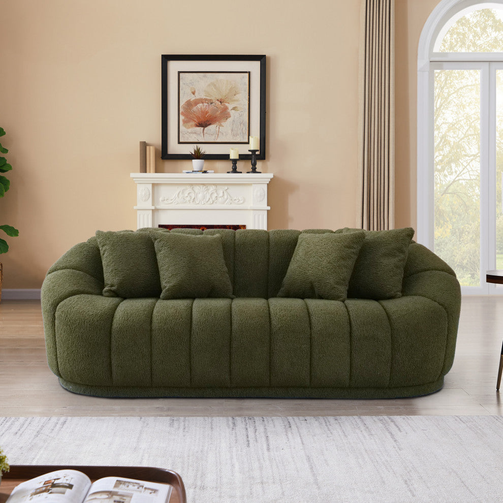 Forrester Mid-Century Modern Japandi Style Tight Back Boucle Couch, Green