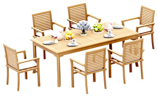 7-Piece Outdoor Teak Dining Set: 83" Rectangle Table, 6 Mas Stacking Arm Chairs