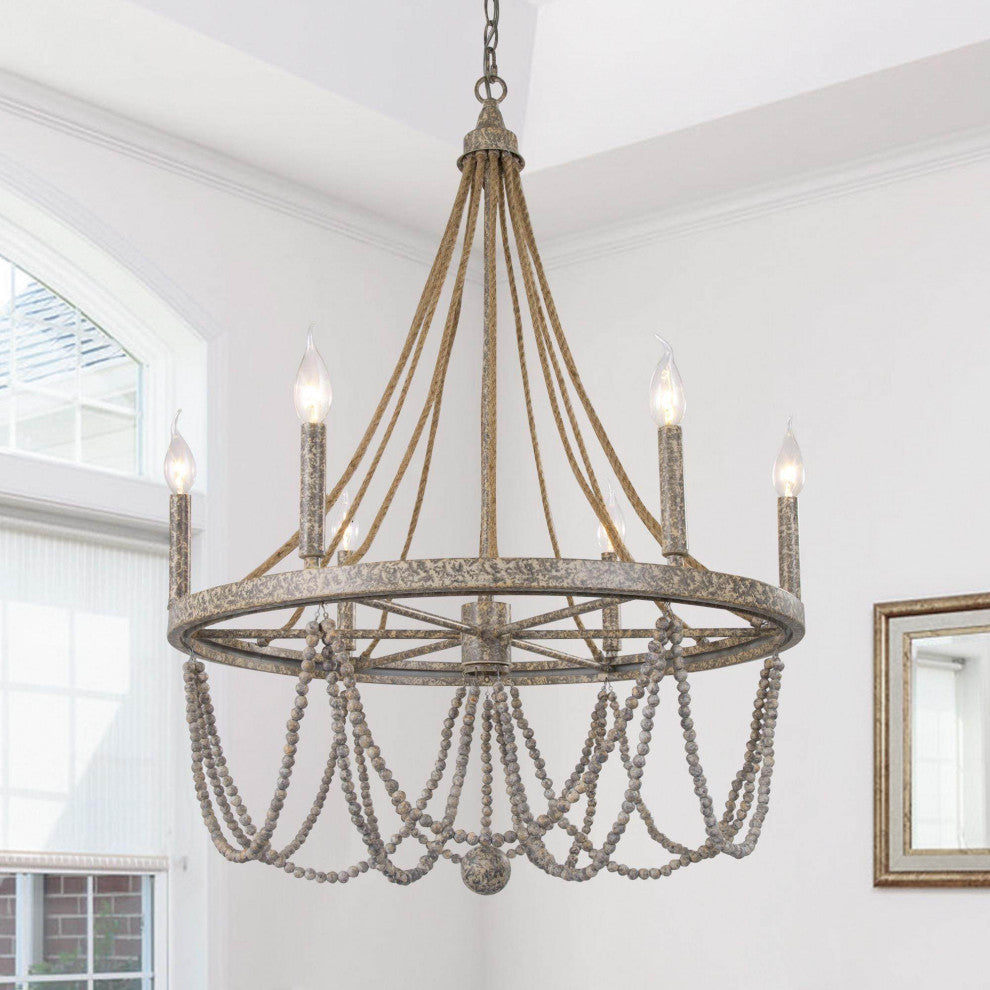 6-Light Rustic Wagon Wheel Candle Chandelier, Gray
