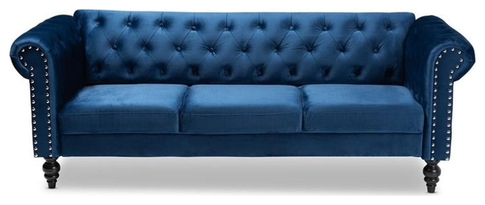 Bowery Hill Navy Blue Velvet Upholstered Button Tufted Chesterfield Sofa