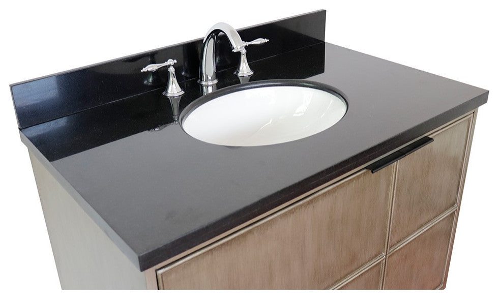 37" Single Wall Mount Vanity, Linen Brown Finish With Black Galaxy Top