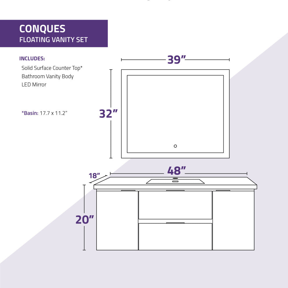 Conques 48" Wall Mount Bathroom Vanity Set, Rich Gray