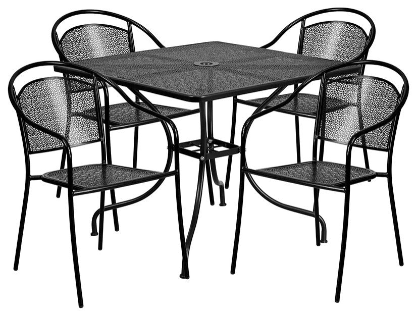 35.5'' Square Black Indoor-Outdoor Steel Patio Table Set, 4 Round Back Chairs