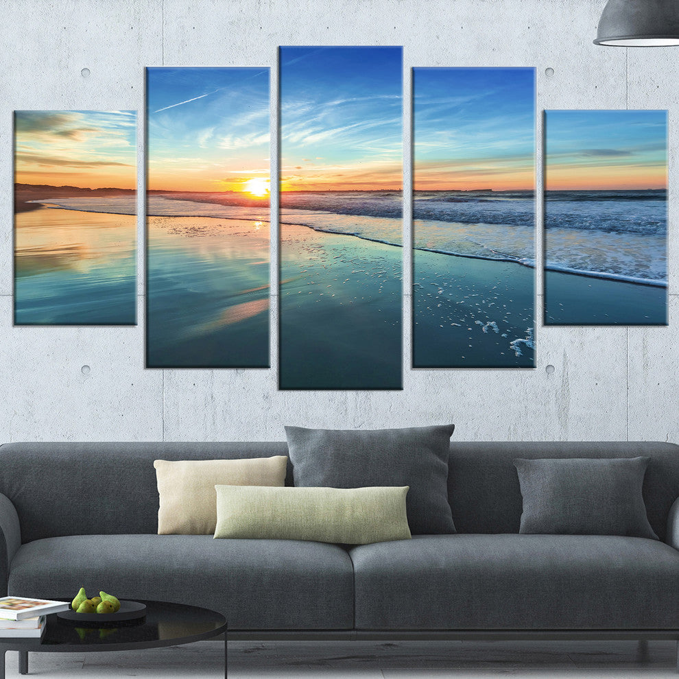 "Blue Seashore With Distant Sunset" Seashore Canvas Wall Art, 5 Panels, 60"x32"