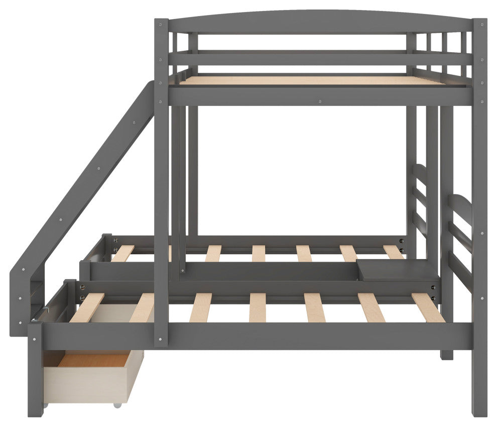 Gewnee Wood Full Over Twin & Twin Triple Bunk Bed with Drawers in Gray