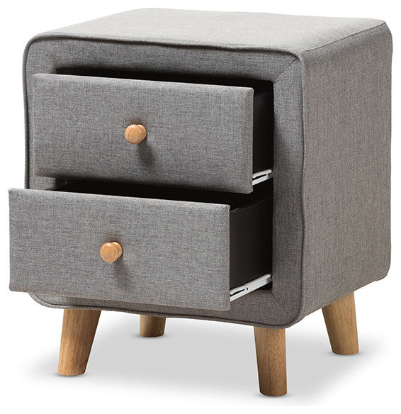 Baxton Studio Jonesy Mid-Century Gray Upholstered 2-Drawer Nightstand