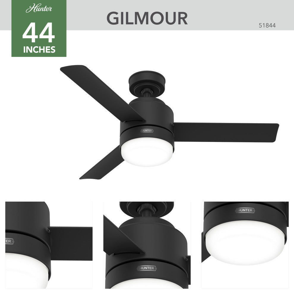44" Gilmour Matte Black Damp Rated Ceiling Fan, LED Light Kit, Handheld Remote