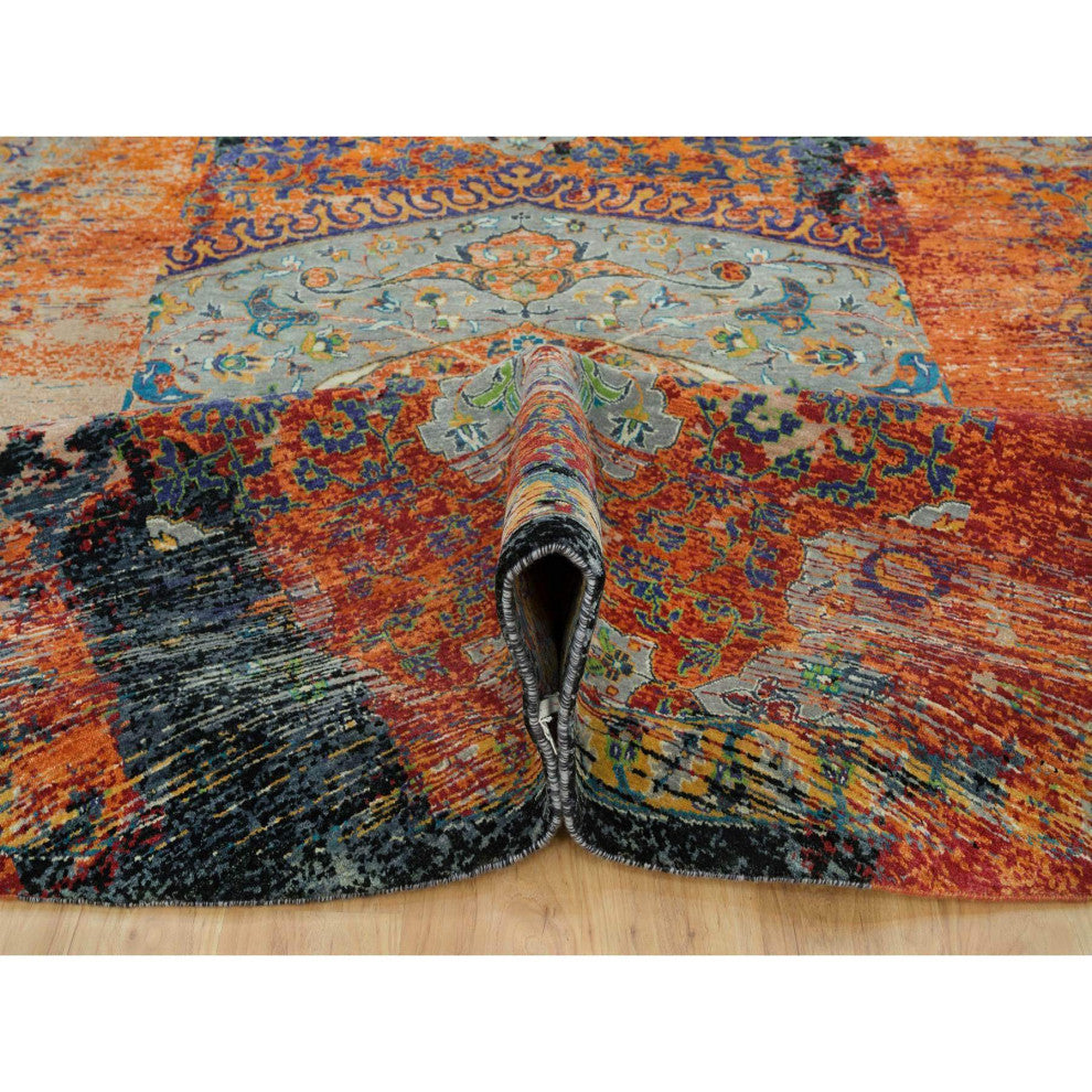 Orange Ancient Ottoman Erased Design Wool Hand Knotted Round Rug 12'1"x12'1"