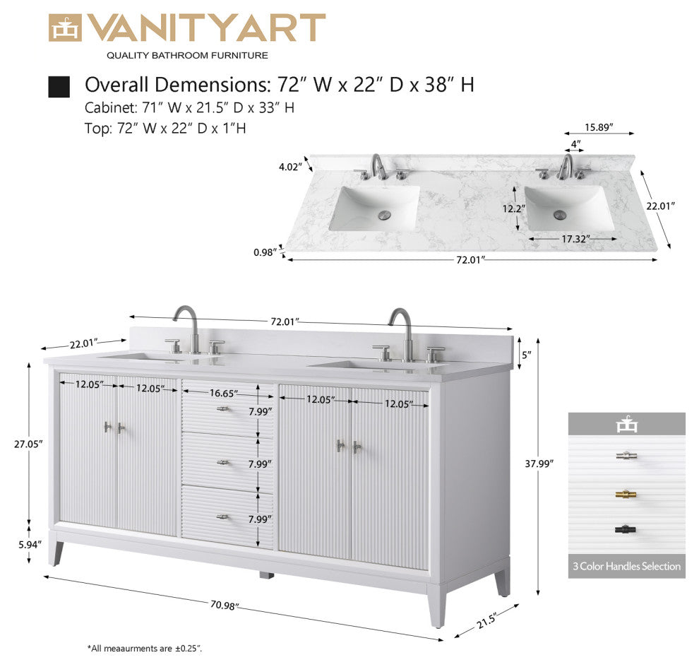 Vanity Art Bathroom Vanity with Engineered Marble Top and Sink, White, 72" (Double Sink), Golden Brushed