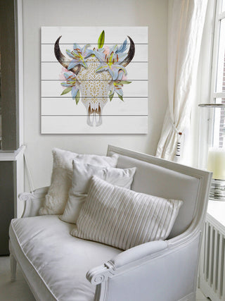 "Floral Crown Skull" Painting Print on White Wood, 18"x18"