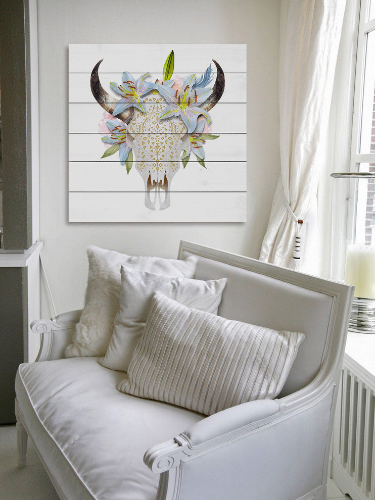 "Floral Crown Skull" Painting Print on White Wood, 18"x18"