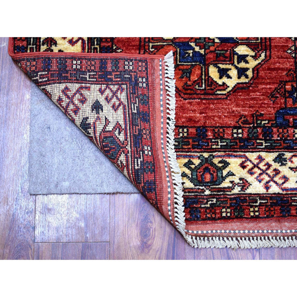 Coral Red, Afghan Ersari 100% Wool hand Knotted Oriental Runner Rug, 2'8" x 9'7"