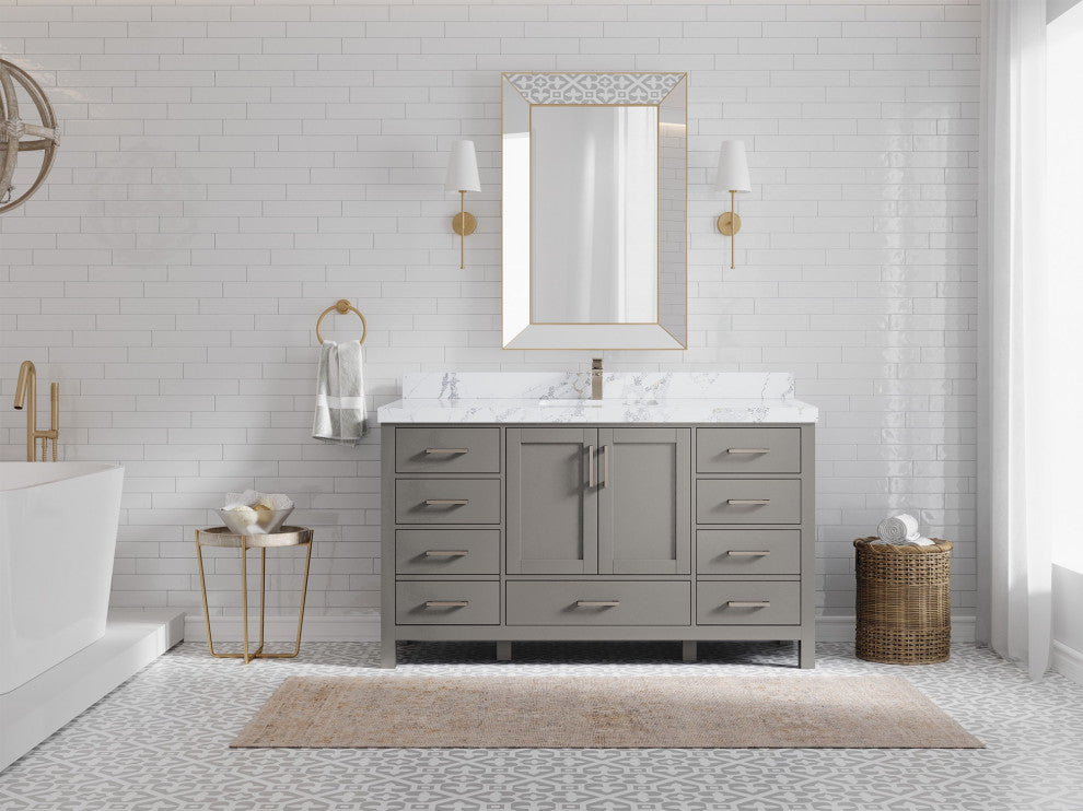 Malibu 60 Single Sink Vanity in Elephant Skin Gray 2" Calacatta Poanazzo