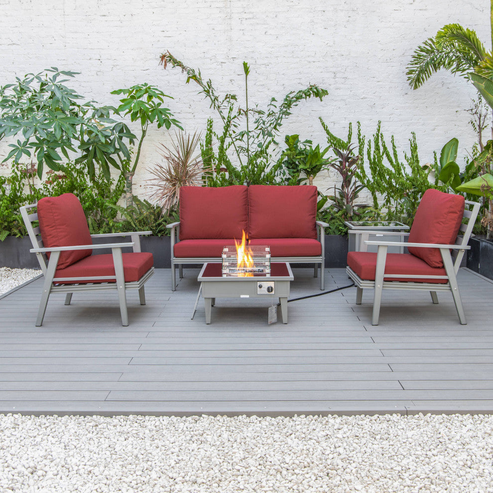 LeisureMod Walbrooke Grey Patio Sofa Set With Square Fire Pit Table, Red