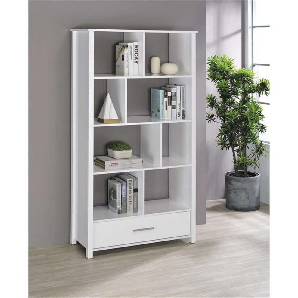 Pemberly Row 1-Drawer Contemporary Wood Bookcase with Open Back in White