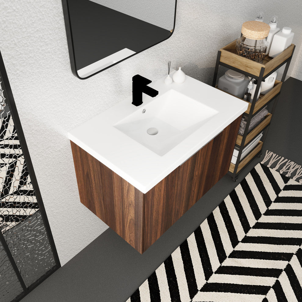 Wood Wall-Mounted Bathroom Vanity Set with Integrated Culture Marble Sink, 30 In