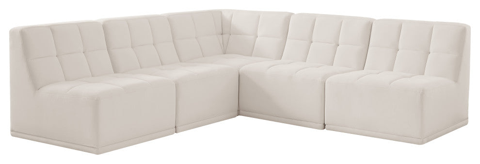 Relax Velvet Upholstered 5-Piece L-Shaped Modular Sectional, Cream