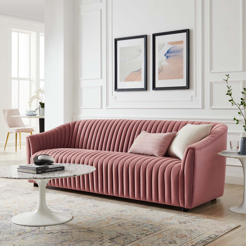 Tufted Sofa, Pink, Velvet, Modern, Mid Century Living Hotel Lounge Cafe Lobby
