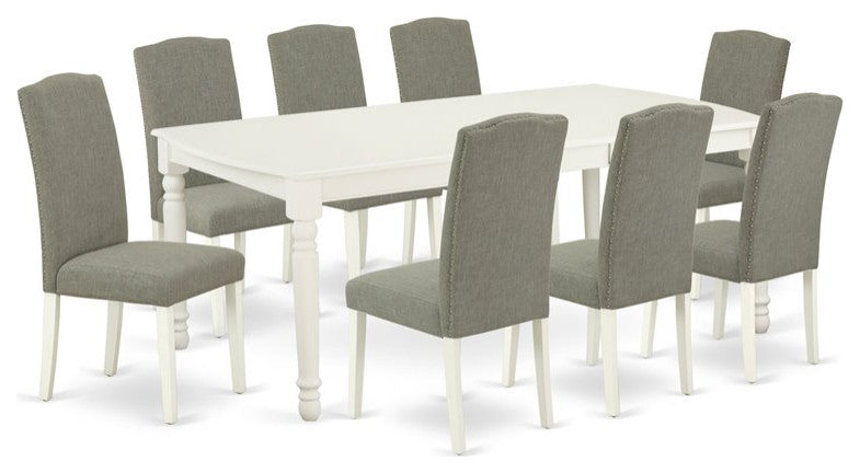 9-Piece 60/78" Table With 18" Leaf and 8 Chair, Linen White Leg and Dark Shitake
