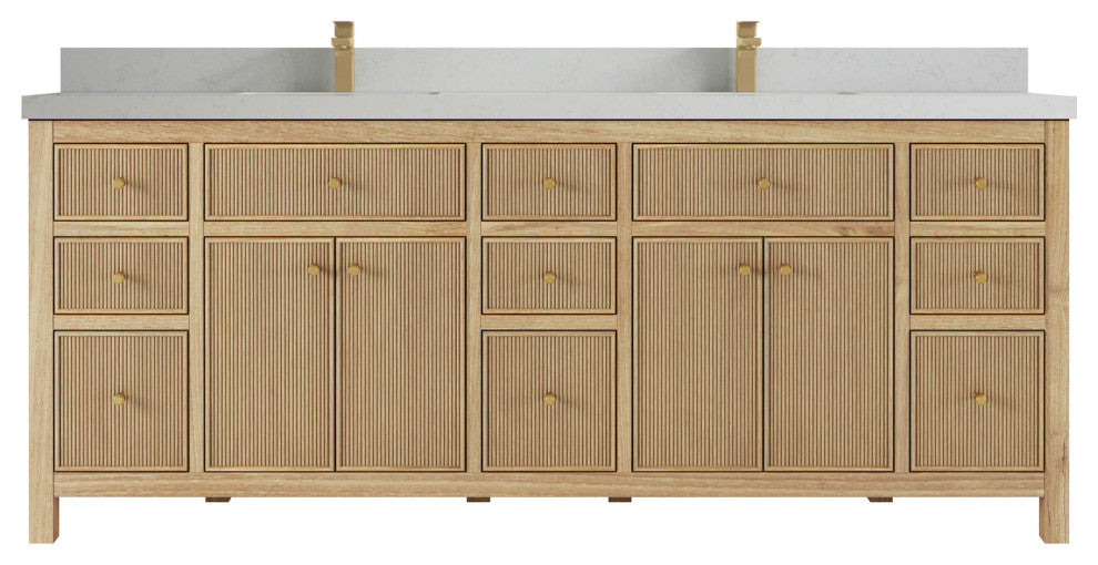 Sonoma 84 Double Sink Bath Vanity in Light Natural Teak with 2" Carrara Quartz