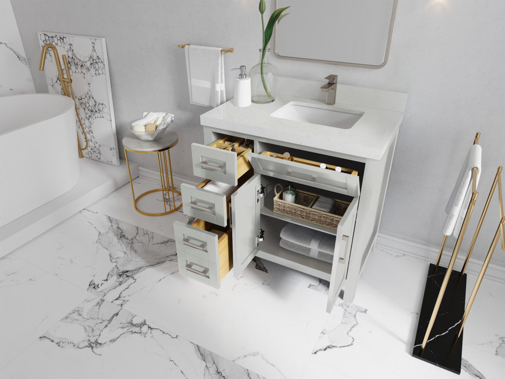 Cambridge 36 Right Offset Bath Vanity in Coventry Gray 2" Calacatta Laza