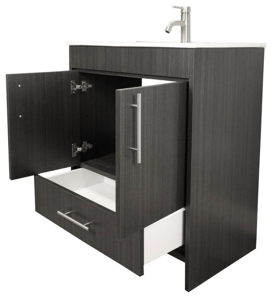 Pacific 30" Vanity With Integrated Ceramic Top and Brushed Nickel Handles, Black
