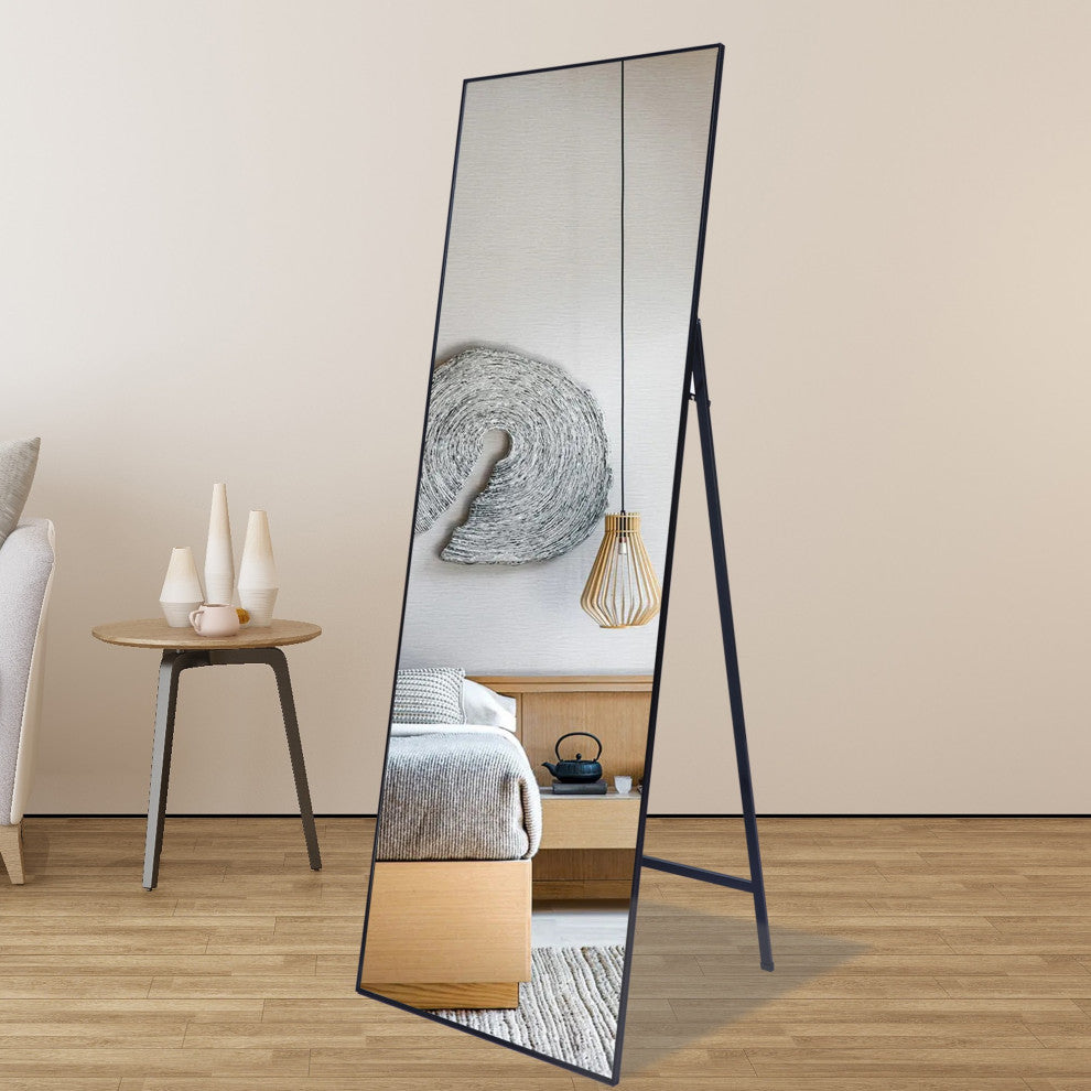 65 inch Rectangular Aluminum Framed Floor Wall Hanging Bedroom Mirror, Black, 22