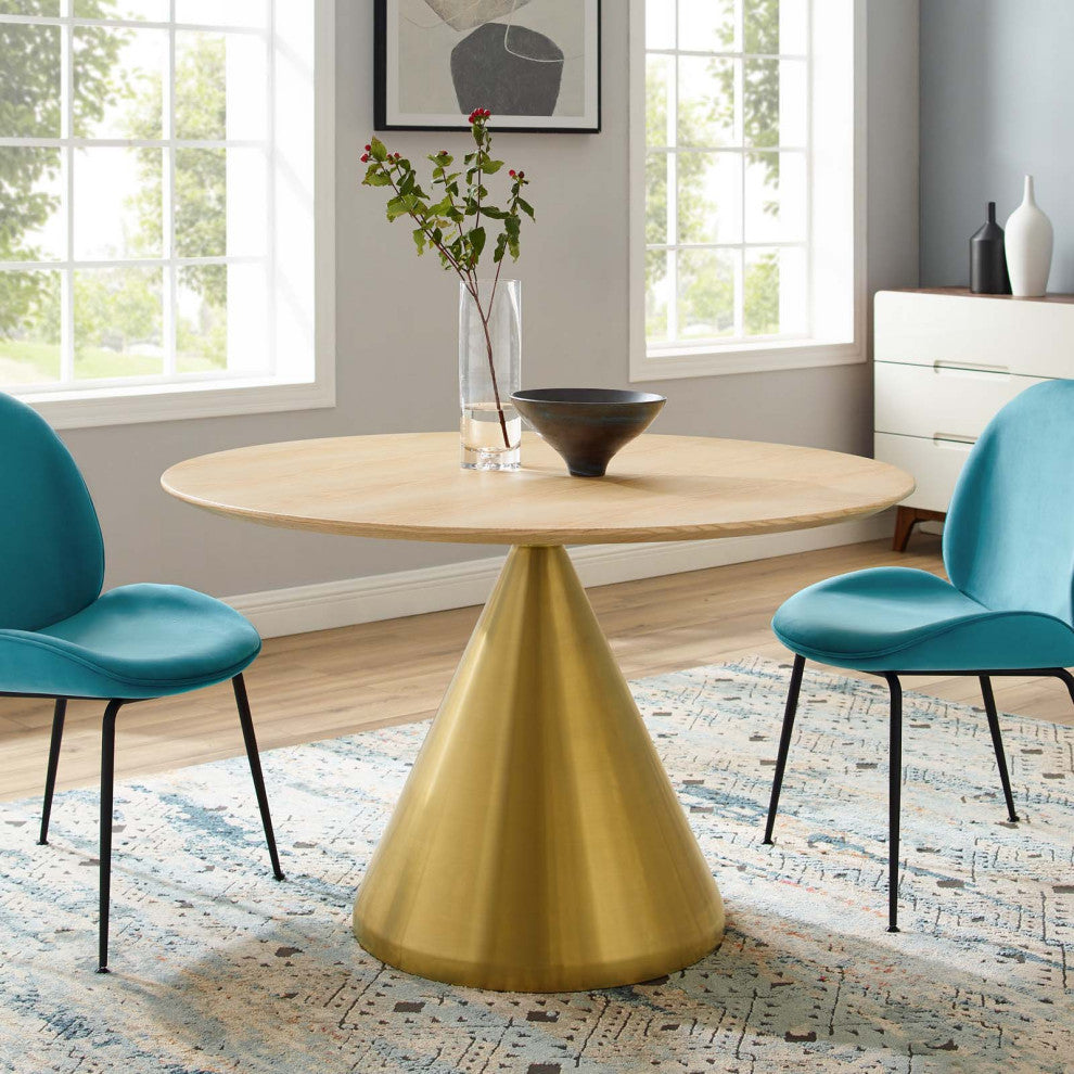Dining Table, Round, Wood, Metal, Gold Brown Natural, Modern, Bistro Restaurant