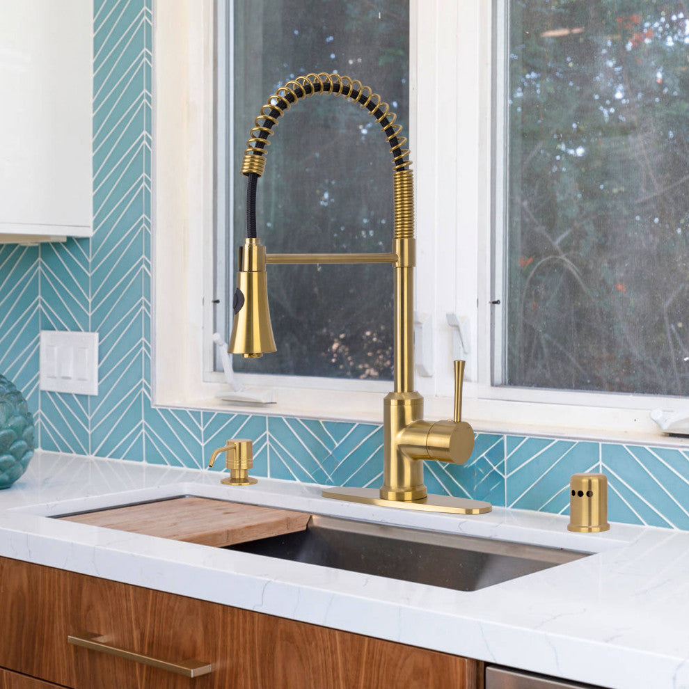 Copper Pre-Rinse Spring Kitchen Faucet with Pull Down Sprayer, Brushed Gold