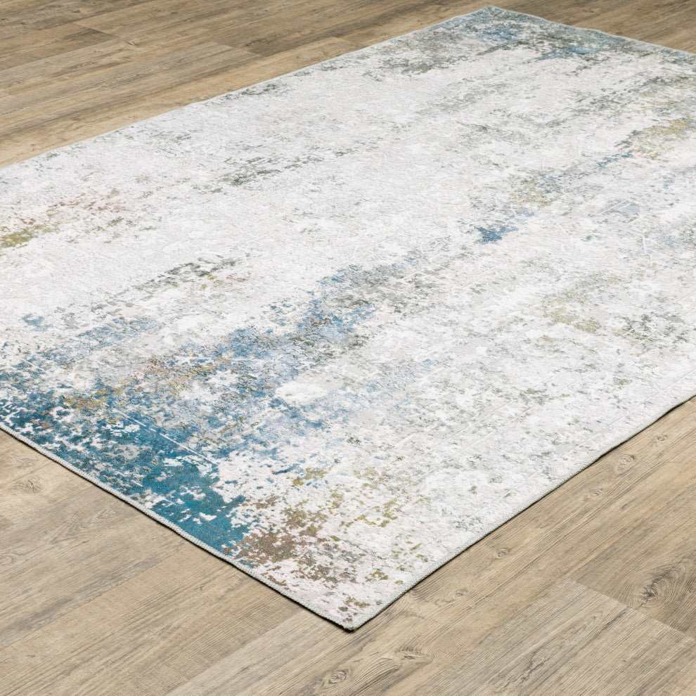 Michaela Machine Washable Faded Ivory/ Blue Indoor Area Rug, Ivory, 2'x3'