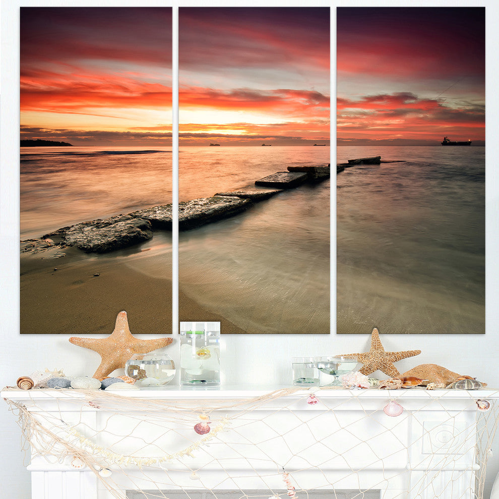"Wonderful Sunrise on Black Ocean" Beach Metal Wall Art, 3 Panels, 36"x28"